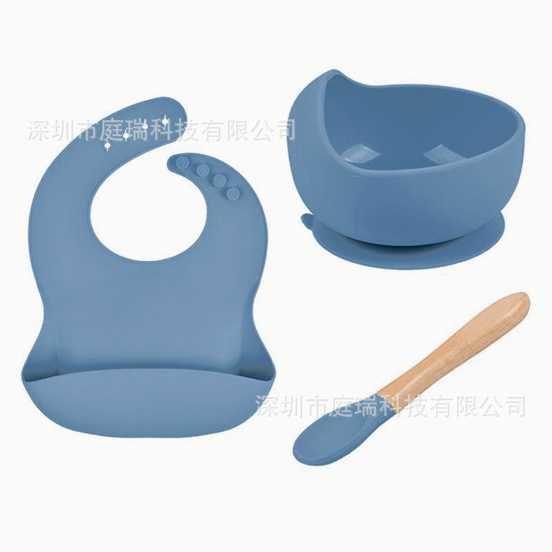 Baby Tableware Solid Food Bowl Silicone Bib Wooden Spoon Three-piece Set - Dark Blue - CJYE192712214NM