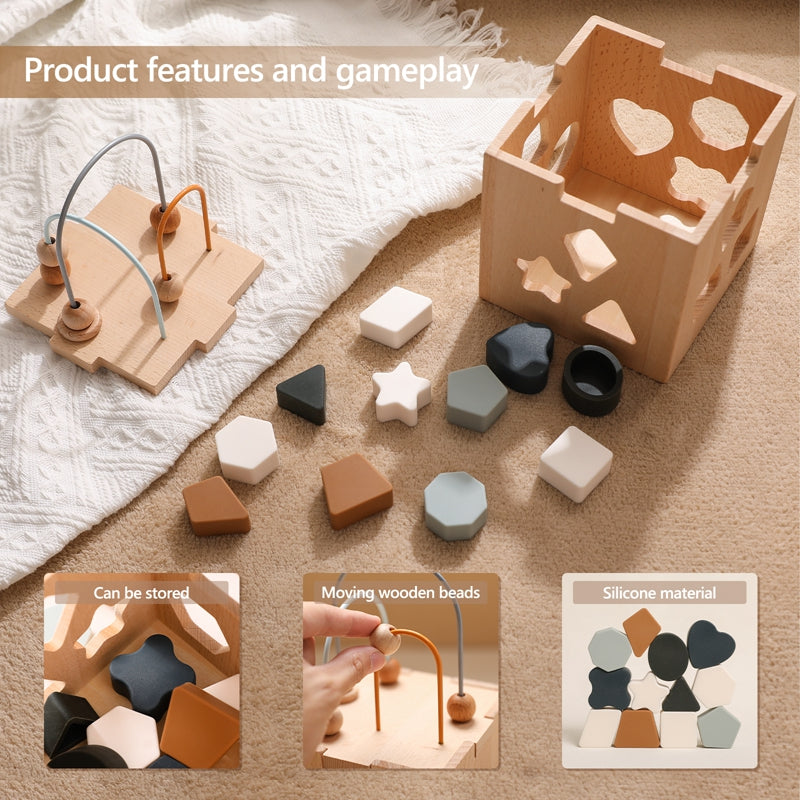 Wooden Geometric Puzzle for Toddlers - Educational Shape Sorter with Silicone Shapes - MAMTASTIC