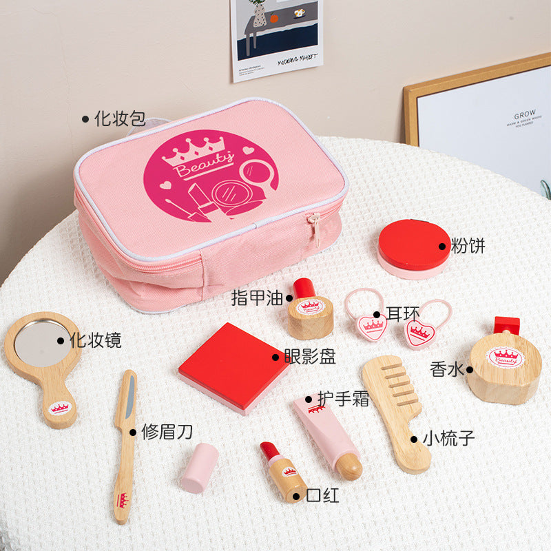 Wooden Makeup Toy Set For Girls - Pink Cosmetic Bag - CJJT223806107GT
