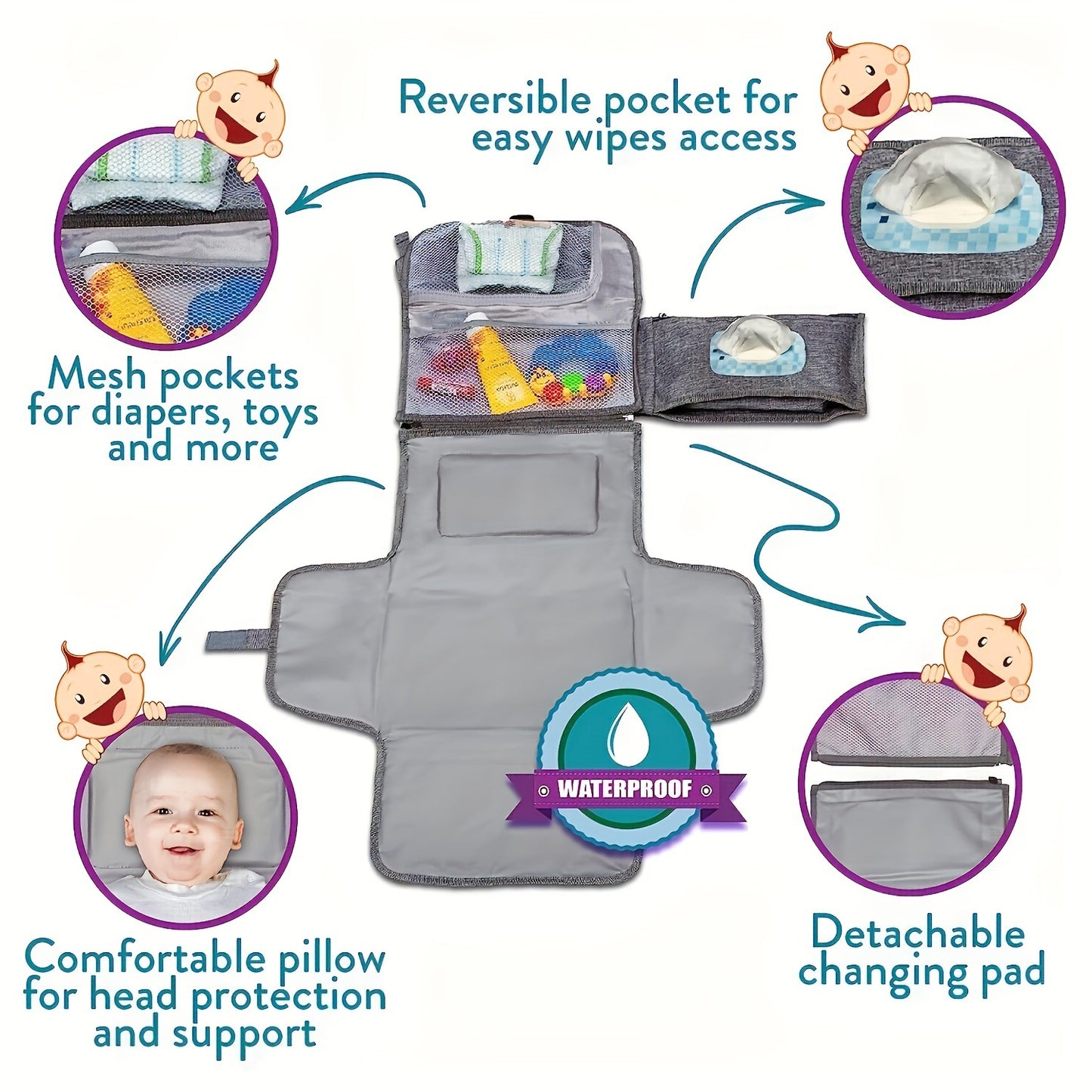 Waterproof Portable Baby Changing Mat with Storage Pocket - MAMTASTIC