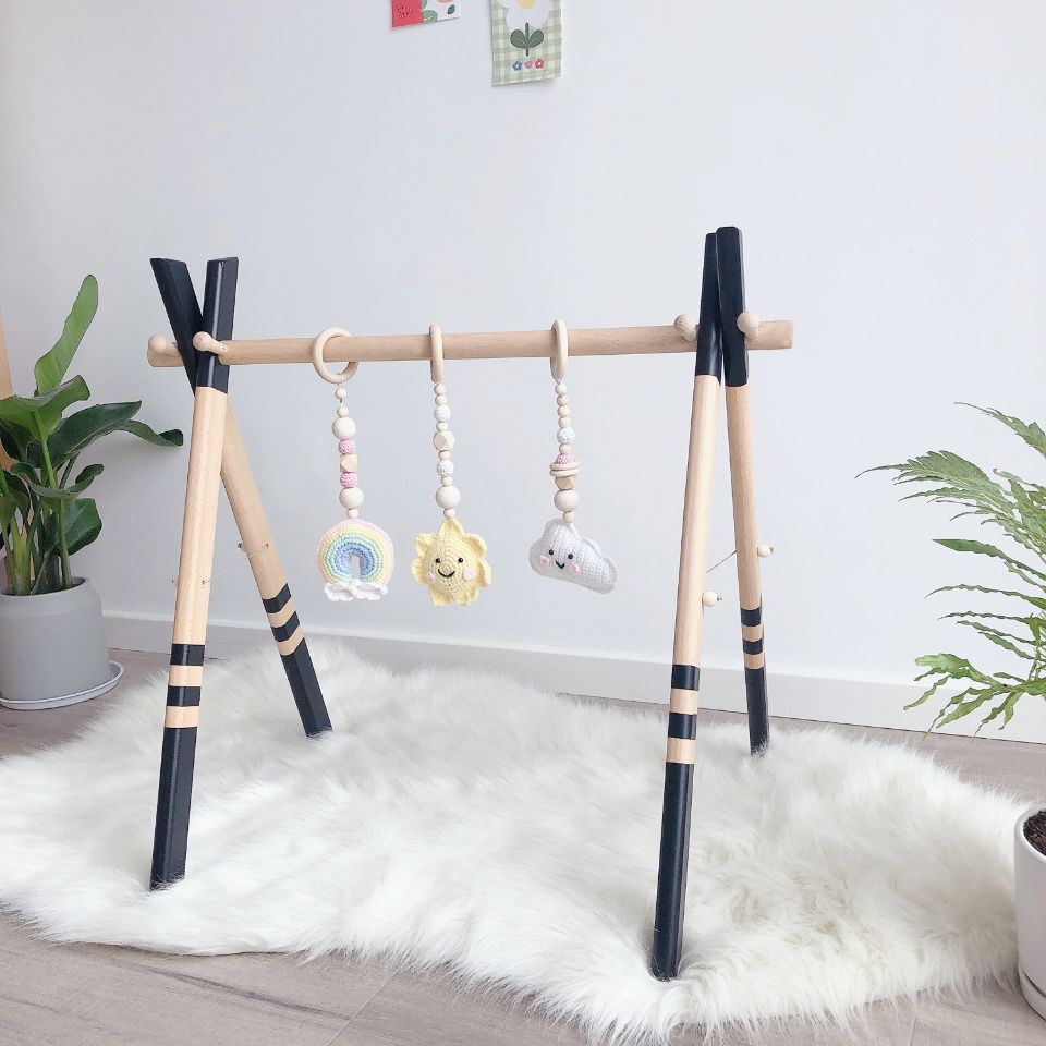 Wooden Baby Play Gym with Hanging Toys - Adjustable Height for Sensory Stimulation and Development - MAMTASTIC