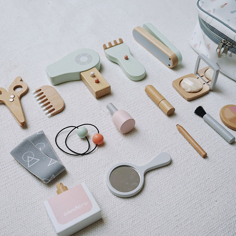 Children's Makeup Toys Haircut Wooden Simulation Comb Splint Lipstick Perfume Girl Play House Handbag Set - Cosmetic hairdressing bag toy - CJJT127295101AZ