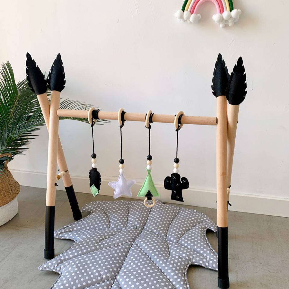 Wooden Baby Play Gym with Hanging Toys - Adjustable Height for Sensory Stimulation and Development - MAMTASTIC