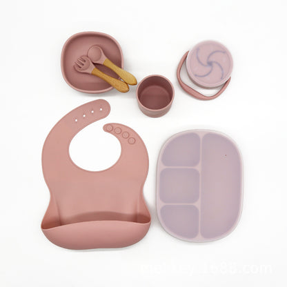 Silicone Baby Dinnerware Set With Bib And Cup - Dark Pink - CJYE117190306FU