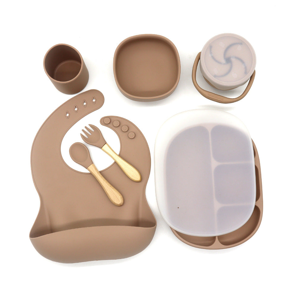 Silicone Baby Dinnerware Set With Bib And Cup - Khaki - CJYE117190302BY