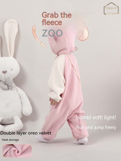 Cute Baby Girl Fleece Jumpsuit with Bunny Ears and Pocket
