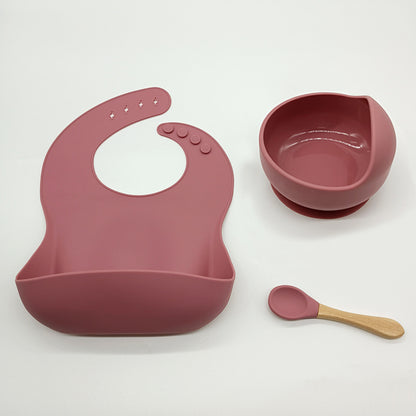Baby Tableware Solid Food Bowl Silicone Bib Wooden Spoon Three-piece Set