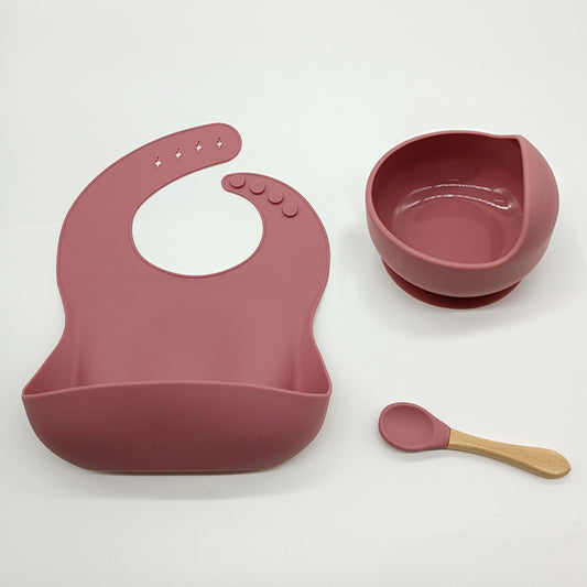 Baby Tableware Solid Food Bowl Silicone Bib Wooden Spoon Three-piece Set