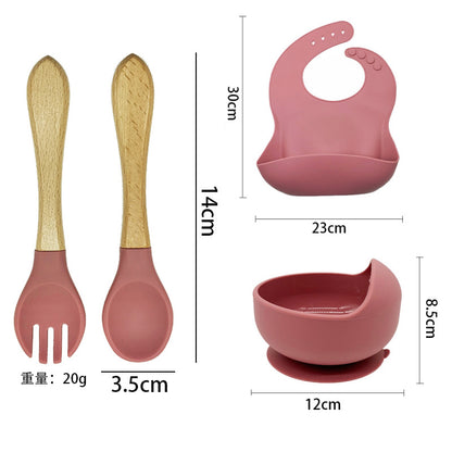 Baby Tableware Solid Food Bowl Silicone Bib Wooden Spoon Three-piece Set