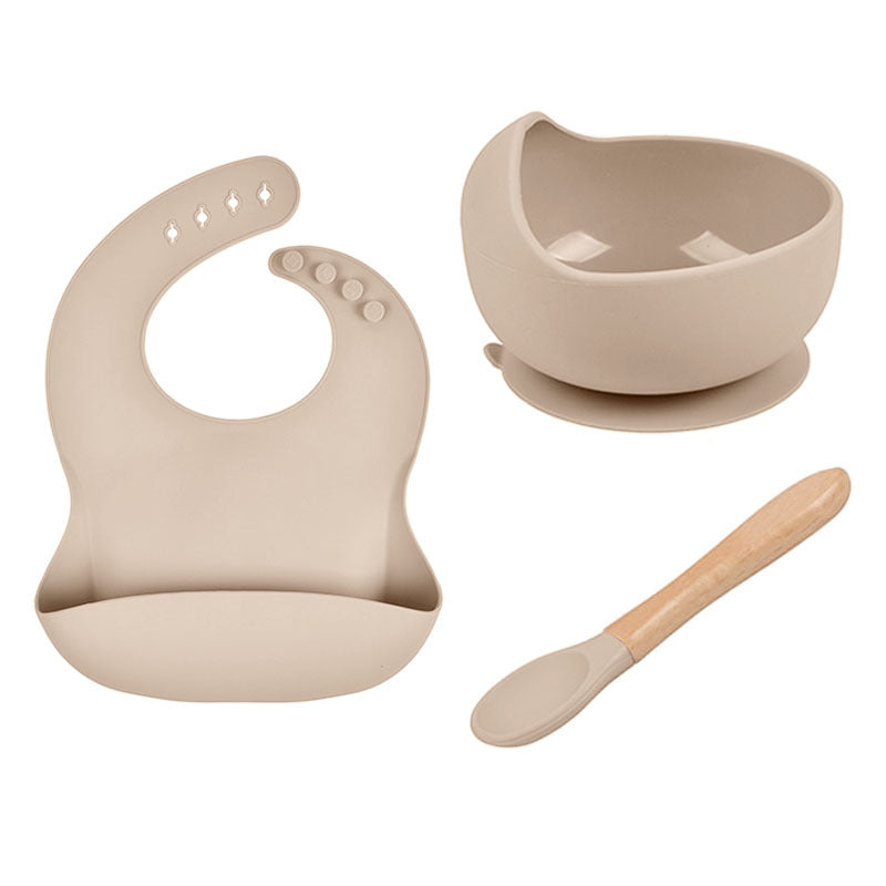 Baby Tableware Solid Food Bowl Silicone Bib Wooden Spoon Three-piece Set - Beige - CJYE192712206FU
