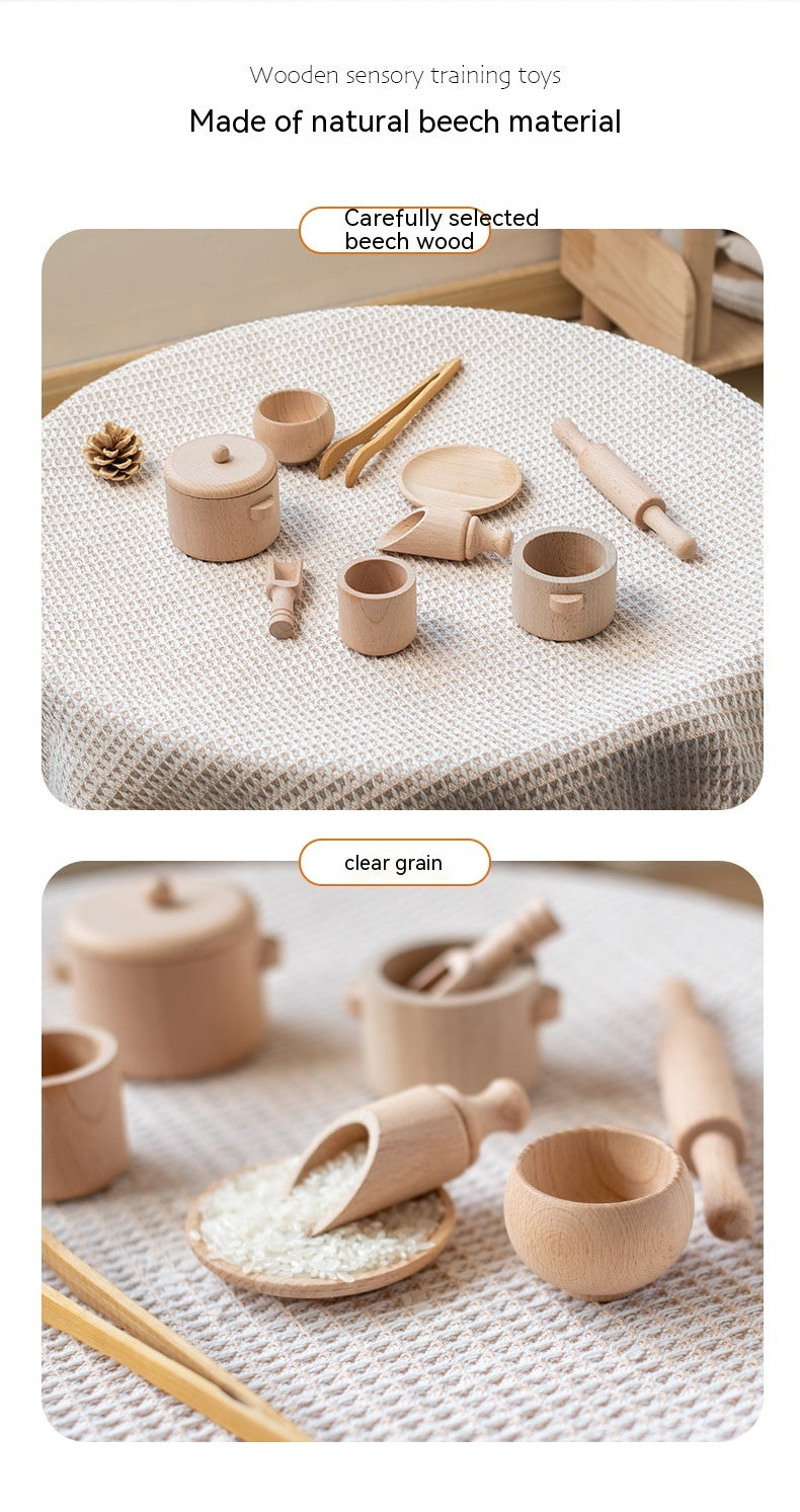 Wooden Playhouse Tea Set for Kids - Sensory Box with Wooden Kitchenware