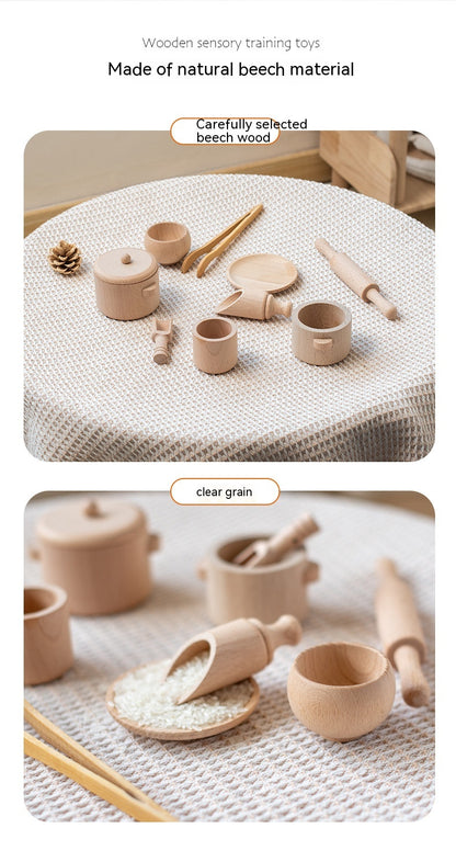 Wooden Playhouse Tea Set for Kids - Sensory Box with Wooden Kitchenware