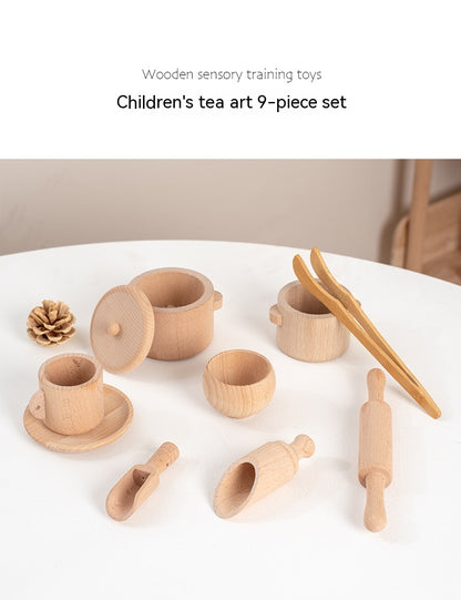 Wooden Playhouse Tea Set for Kids - Sensory Box with Wooden Kitchenware