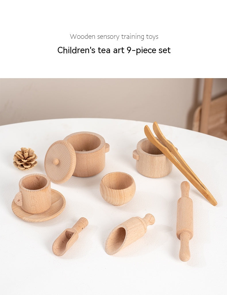 Wooden Playhouse Tea Set for Kids - Sensory Box with Wooden Kitchenware