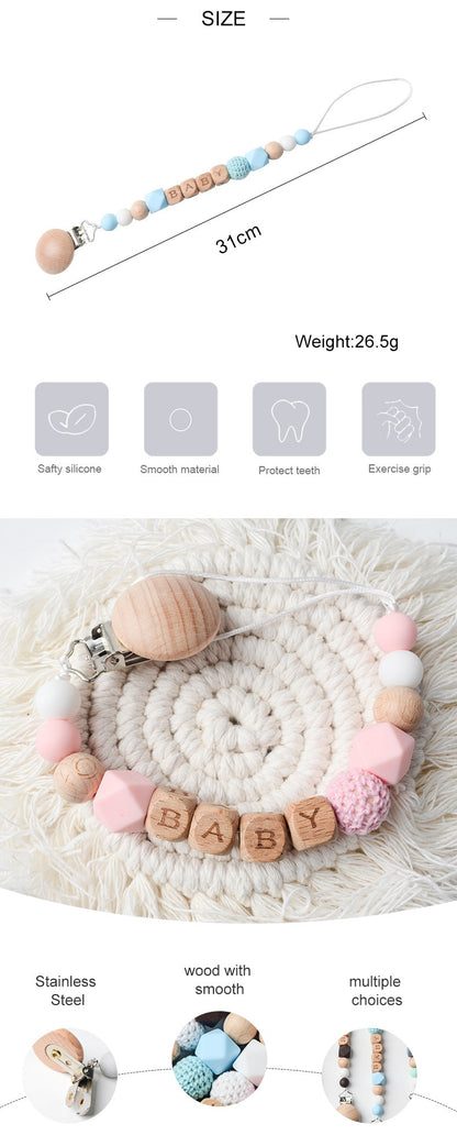 New Beech Pacifier Clip Silicone Octagonal Beads Wool Crochet Pacifier Clip