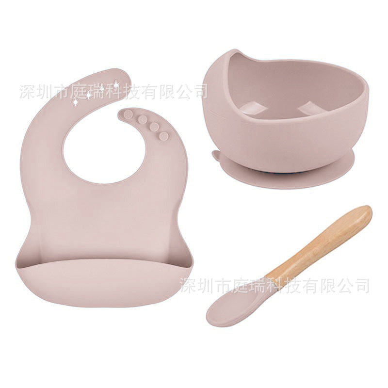 Baby Tableware Solid Food Bowl Silicone Bib Wooden Spoon Three-piece Set - Lotus Root Starch - CJYE192712216PK