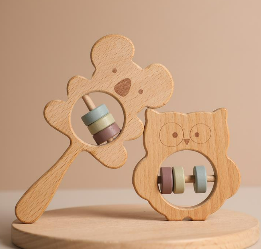 Hand-held Rattle DIY Soothing Wooden Toys For Boys And Girls Biteable Wooden Teether
