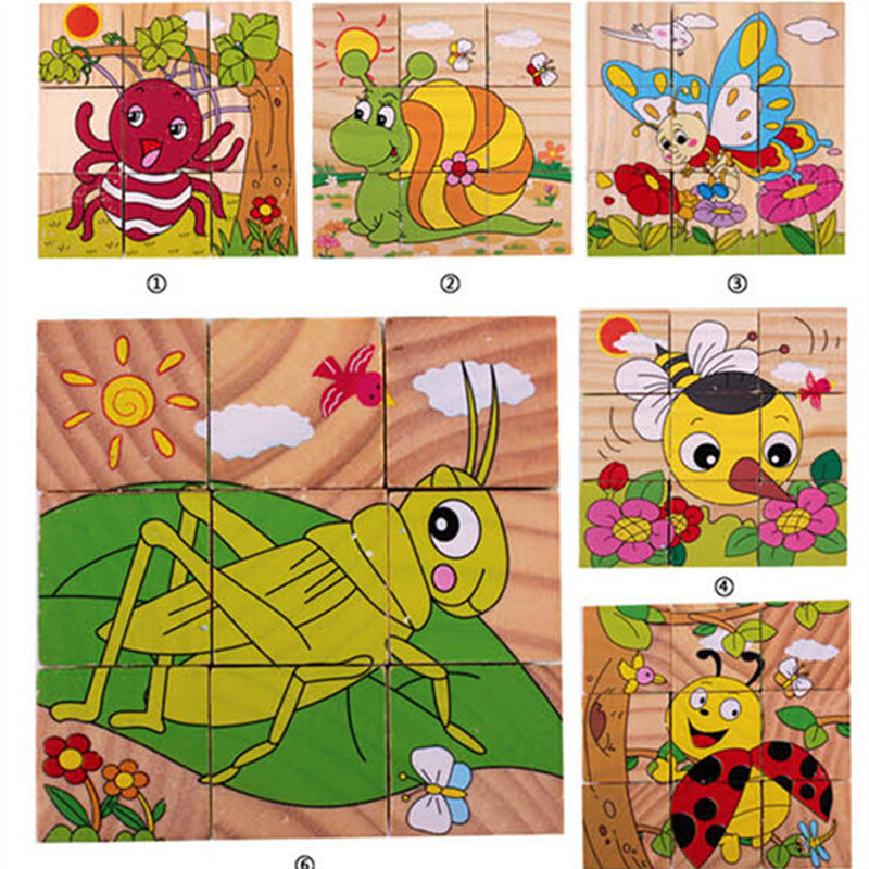 Multi-Sided Wooden Puzzle Toy with Vibrant Animal Designs