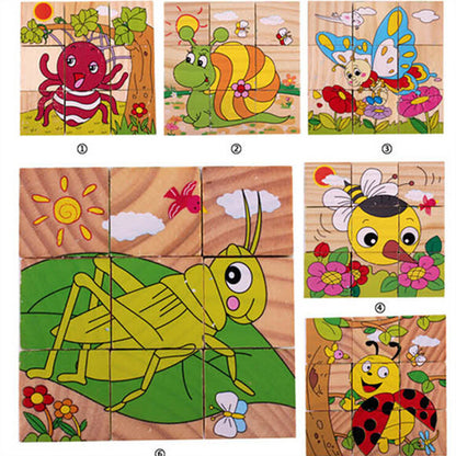 Multi-Sided Wooden Puzzle Toy with Vibrant Animal Designs