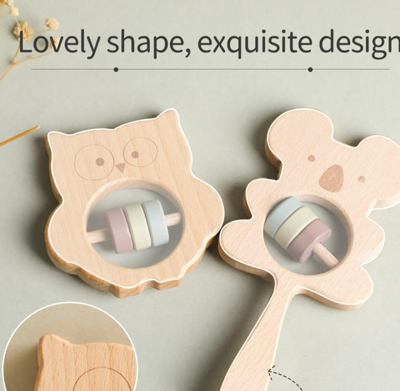 Natural Wood Koala and Owl Rattles - Safe Teether Toys for Babies