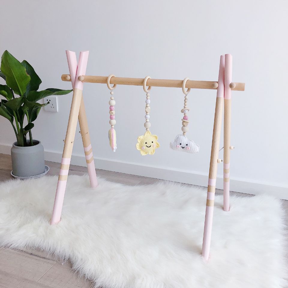 Wooden Baby Play Gym with Hanging Toys - Adjustable Height for Sensory Stimulation and Development - MAMTASTIC