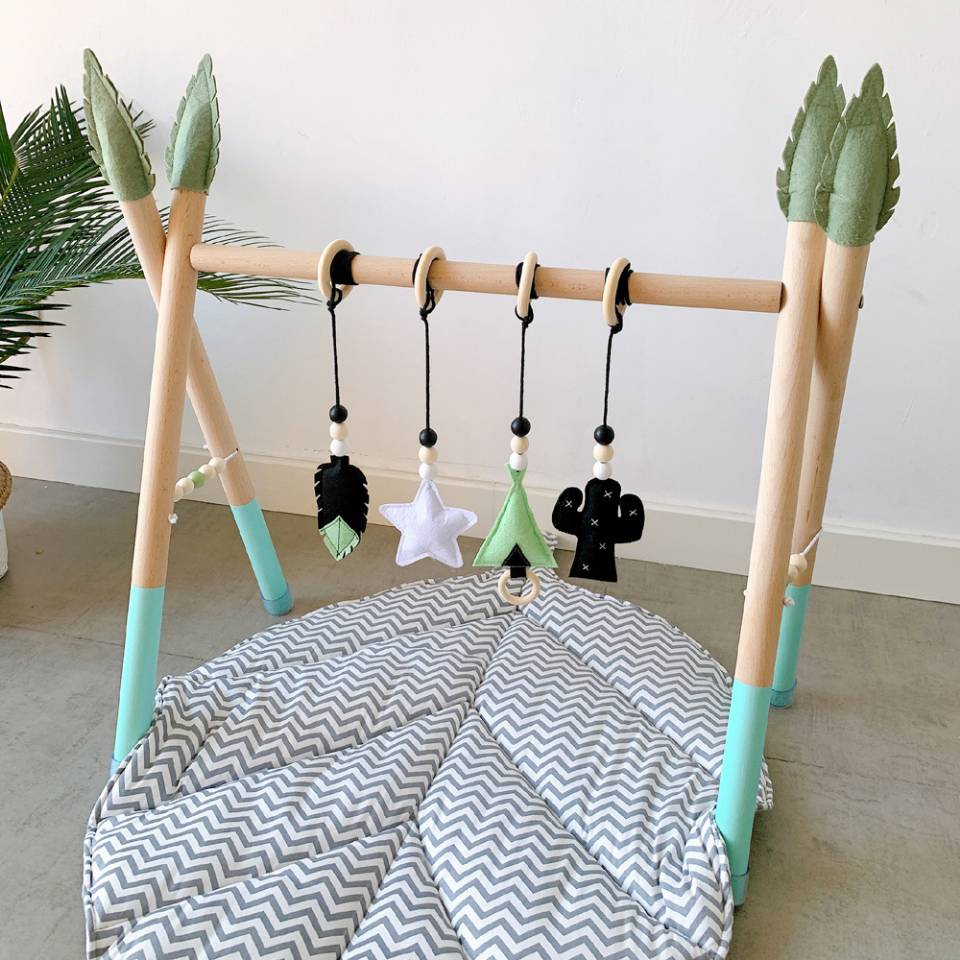 Wooden Baby Play Gym with Hanging Toys - Adjustable Height for Sensory Stimulation and Development - MAMTASTIC