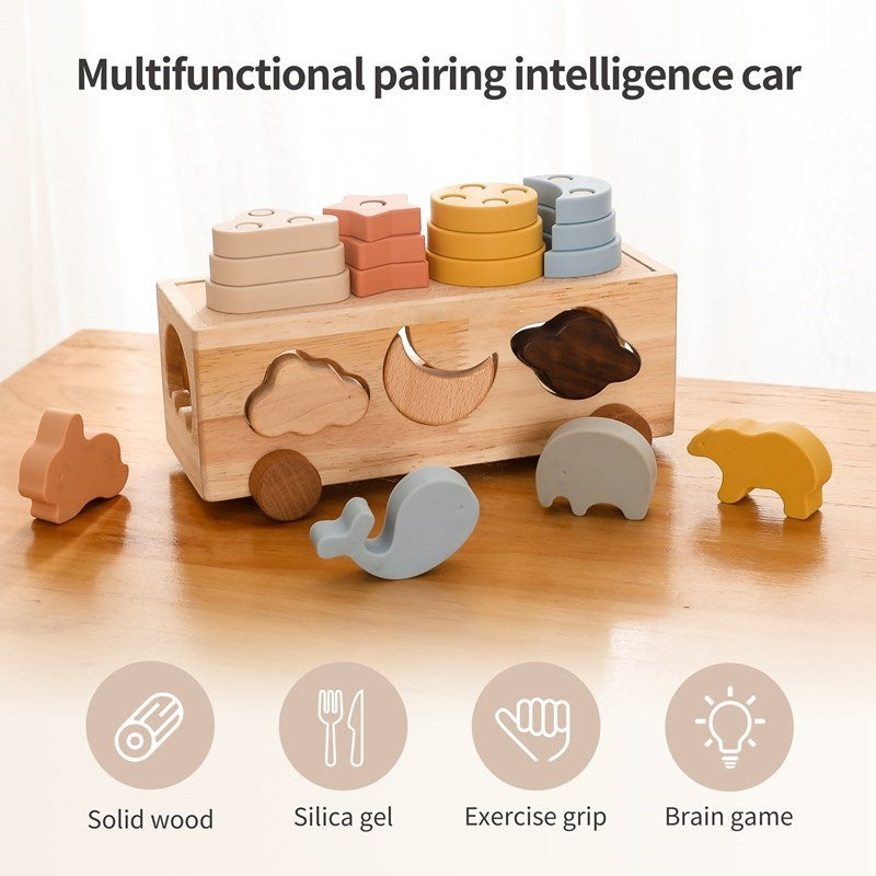 Wooden Puzzle Toy Car for Toddlers - Educational Shape Sorting and Stacking Toy with Wheels - MAMTASTIC