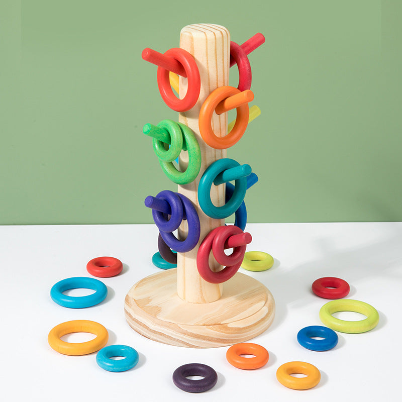 Rainbow Wooden Ring Stacking Toy For Toddlers - Colorful Rainbow Ring Tree - CJYZ227076001AZ