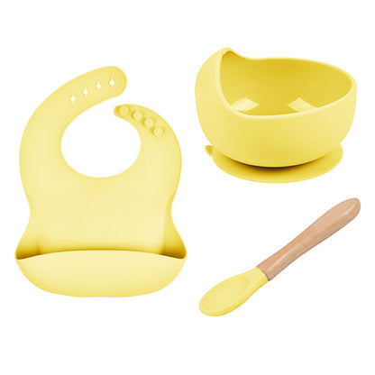 Baby Tableware Solid Food Bowl Silicone Bib Wooden Spoon Three-piece Set - Yellow - CJYE192712201AZ