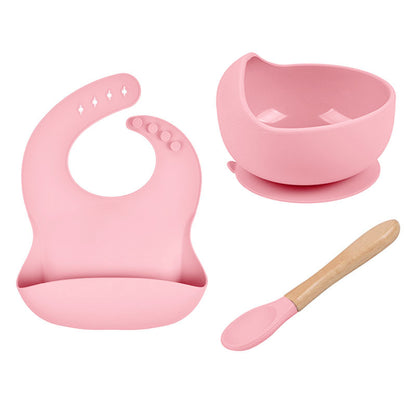 Baby Tableware Solid Food Bowl Silicone Bib Wooden Spoon Three-piece Set - Pink - CJYE192712202BY