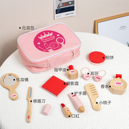 Wooden Makeup Toy Set For Girls - Pink Cosmetic Bag - CJJT223806107GT