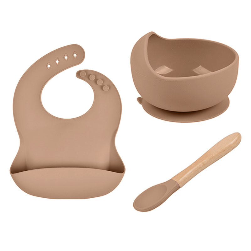 Baby Tableware Solid Food Bowl Silicone Bib Wooden Spoon Three-piece Set - Walnut - CJYE192712207GT