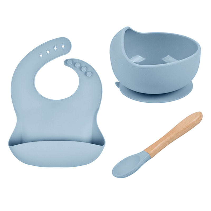 Baby Tableware Solid Food Bowl Silicone Bib Wooden Spoon Three-piece Set - Gray And Blue - CJYE192712204DW