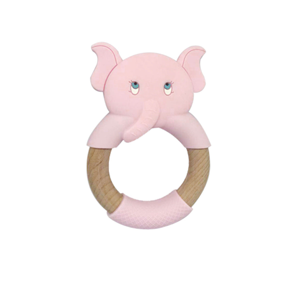 Silicone And Wooden Baby Teether - Pink - CJWJWJYZ04017-Pink
