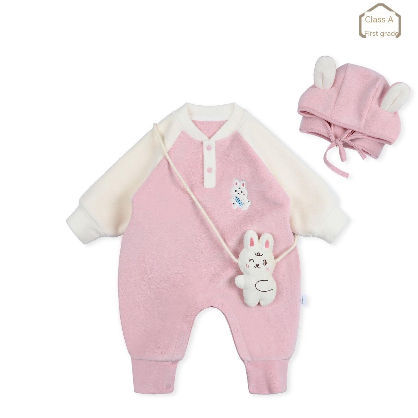 Cute Baby Girl Fleece Jumpsuit With Bunny Ears - Pink Bunny Fishing 66cm - CJYE189754701AZ
