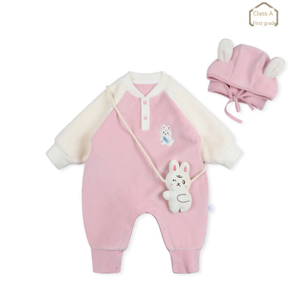 Cute Baby Girl Fleece Jumpsuit With Bunny Ears - Pink Bunny Fishing 80cm - CJYE189754703CX