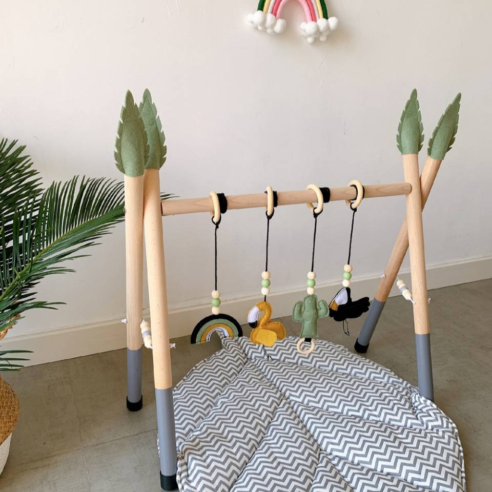 Wooden Baby Play Gym with Hanging Toys - Adjustable Height for Sensory Stimulation and Development - MAMTASTIC