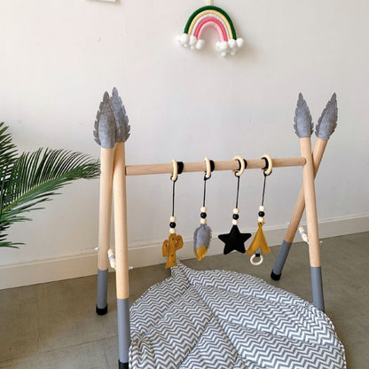 Wooden Baby Play Gym with Hanging Toys - Adjustable Height for Sensory Stimulation and Development - MAMTASTIC