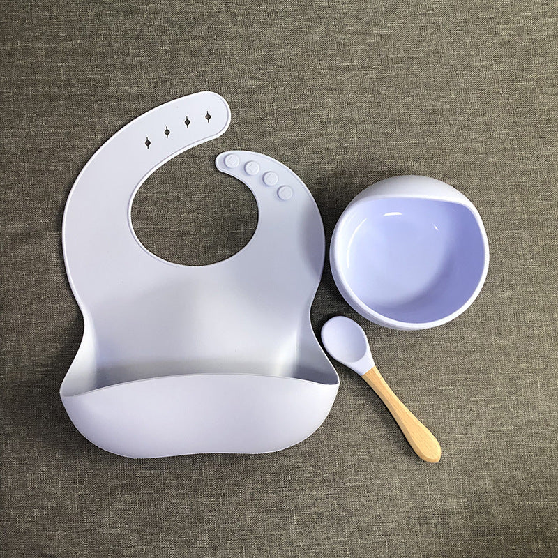 Baby Tableware Solid Food Bowl Silicone Bib Wooden Spoon Three-piece Set - Light Purple - CJYE192712211KP