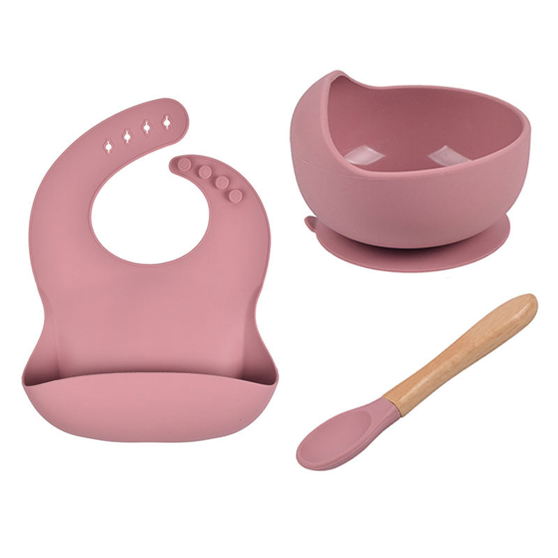 Baby Tableware Solid Food Bowl Silicone Bib Wooden Spoon Three-piece Set - Deep Pink - CJYE192712209IR