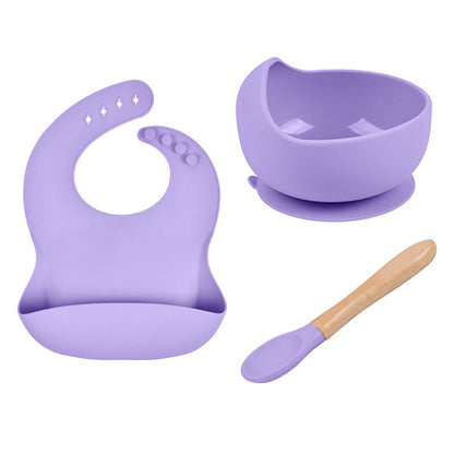 Baby Tableware Solid Food Bowl Silicone Bib Wooden Spoon Three-piece Set - Deep Purple - CJYE192712208HS