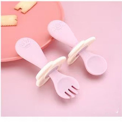 Short Handle Silicone Spoon and Fork Set for Children's Meals - MAMTASTIC