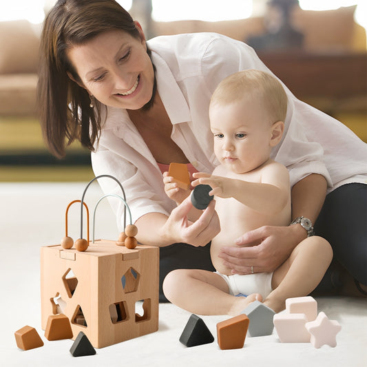 Wooden Geometric Puzzle for Toddlers - Educational Shape Sorter with Silicone Shapes - MAMTASTIC