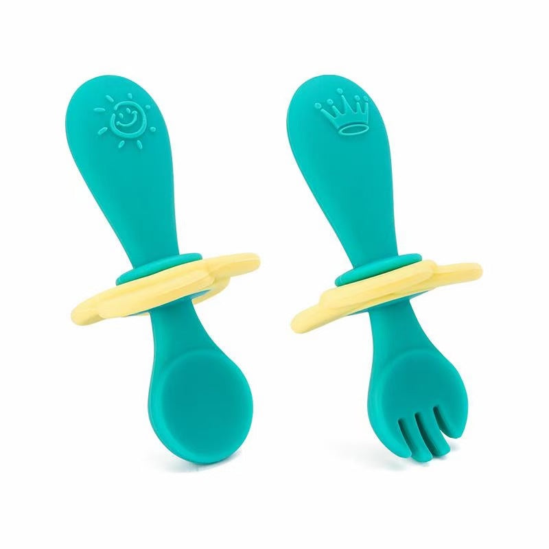 Short Handle Silicone Spoon and Fork Set for Children's Meals - MAMTASTIC