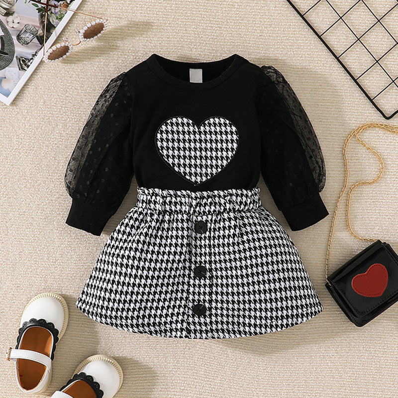 Infant Toddler Girls Long Sleeved Pullover and Tartan Skirt Two Piece Set - MAMTASTIC