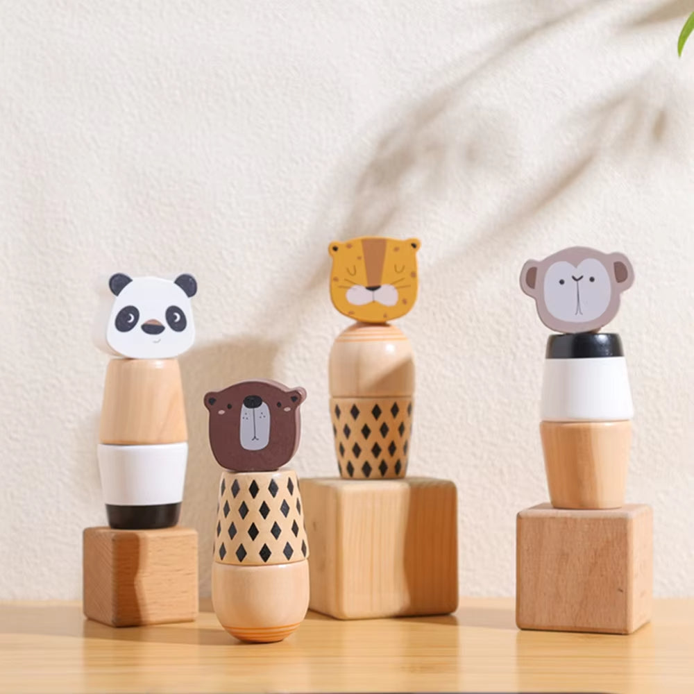 Image of Wooden Stacking Toys for Toddlers - Screw-On Animal Design