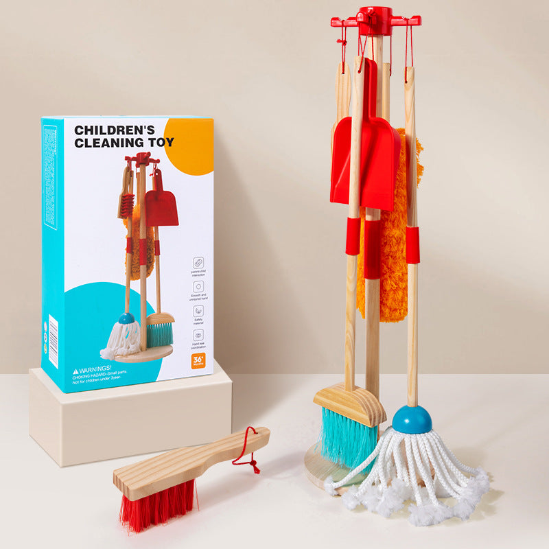 Children's Wooden Simulation Cleaning Suit Toys - Pretend Play Broom and Mop Set