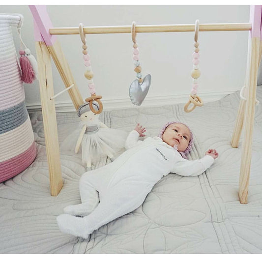 Wooden Baby Play Gym with Hanging Toys - Adjustable Height for Sensory Stimulation and Development - MAMTASTIC