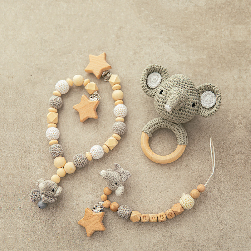 Baby Teether Set: Wooden Rattle, Crochet Toy & Pacifier Chain