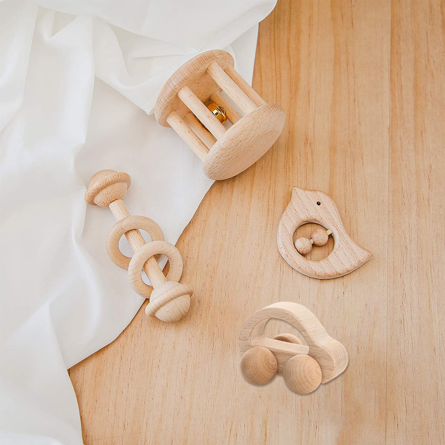 Natural Wooden Baby Rattle and Car Toy Set for Intellectual Development